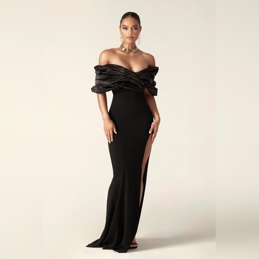 Aliava Alieva Black Presley Crepe Ruffle Shoulder Gown Dress ALTERED